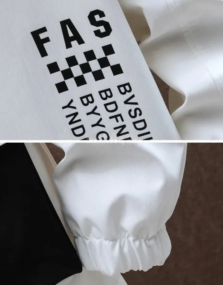 White jacket sleeve with black text and checkered pattern on a white background