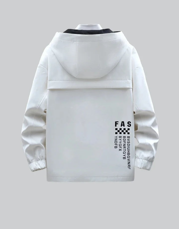 White techwear jacket with text design on a gray background