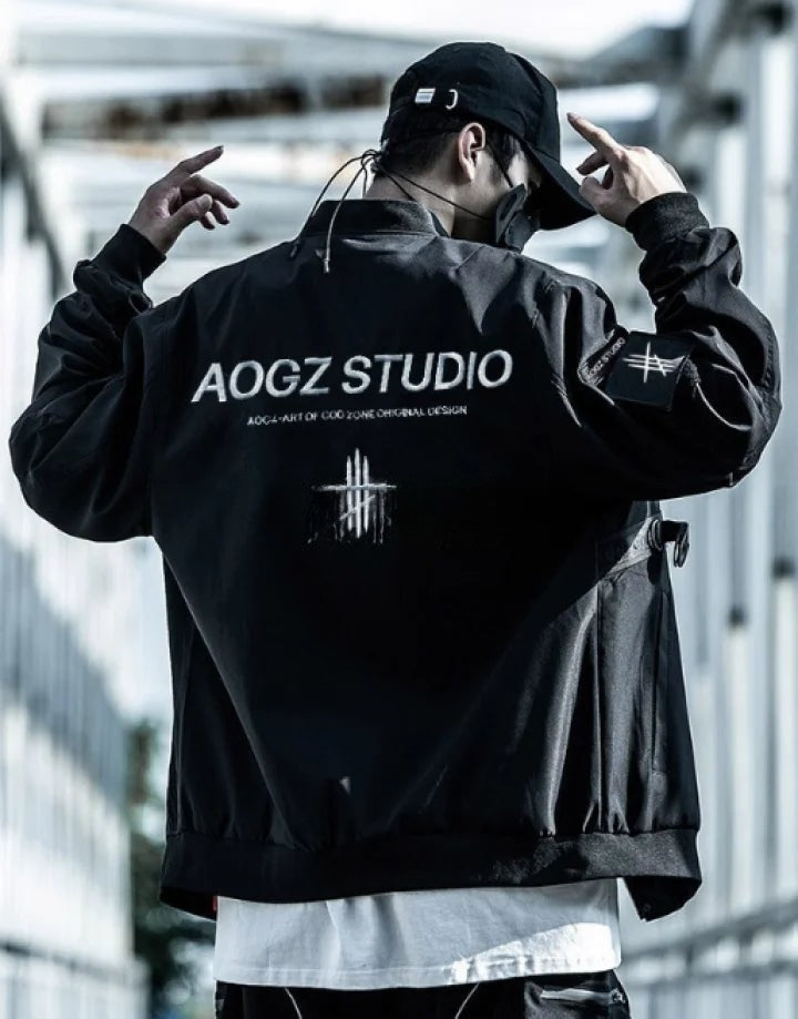 shop and buy Black bomber jacket with pockets and a belt on a gray background