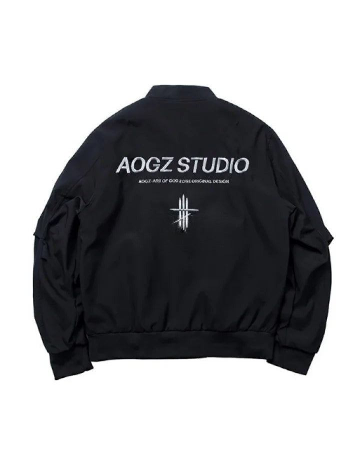 shop and buy Black bomber jacket with pockets and a belt on a gray background