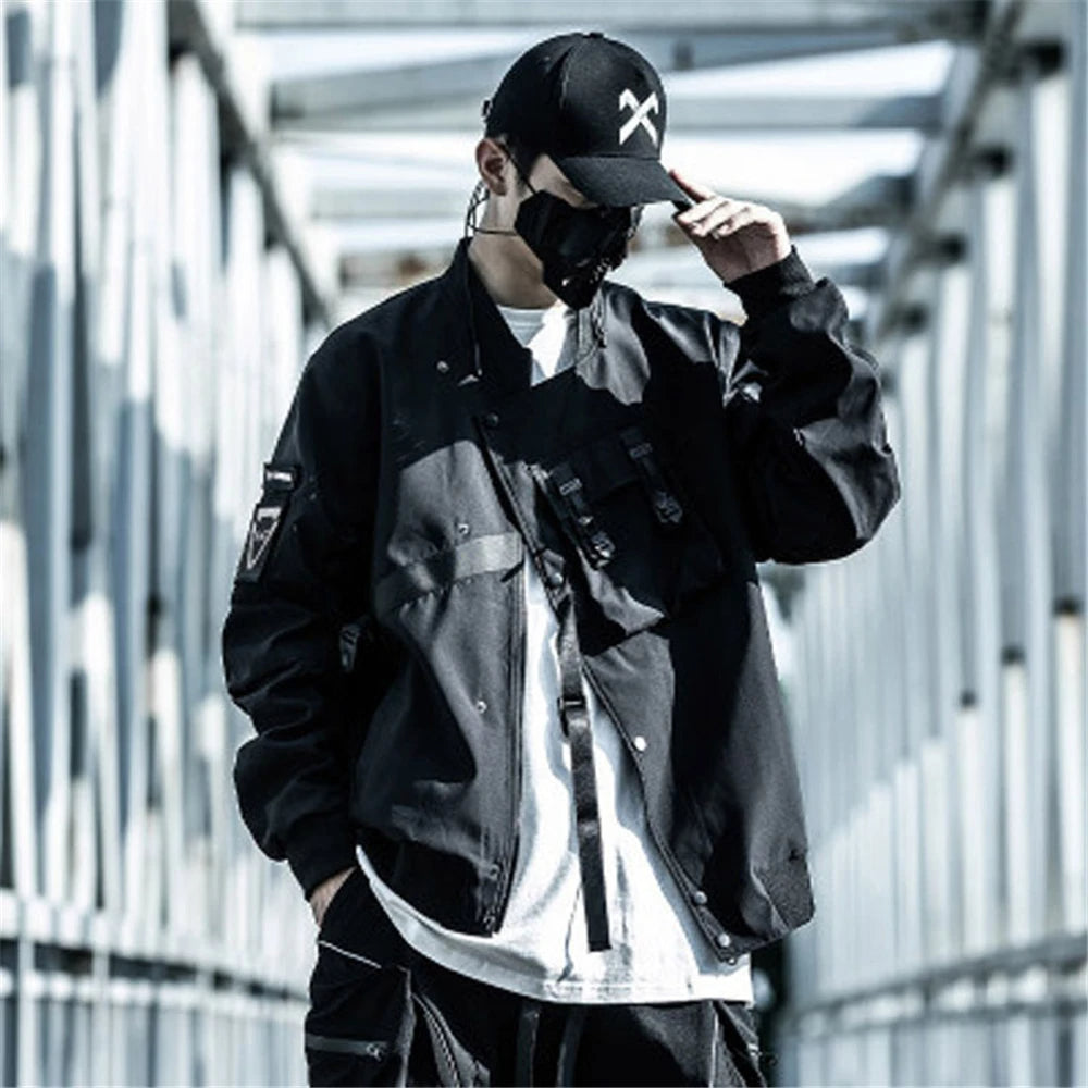 shop and buy Black bomber jacket with pockets and a belt on a gray background
