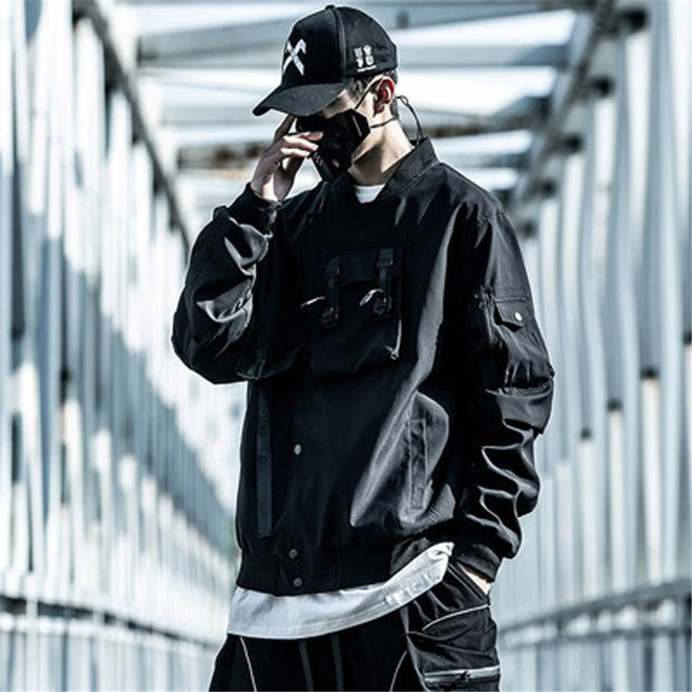 shop and buy Black bomber jacket with pockets and a belt on a gray background