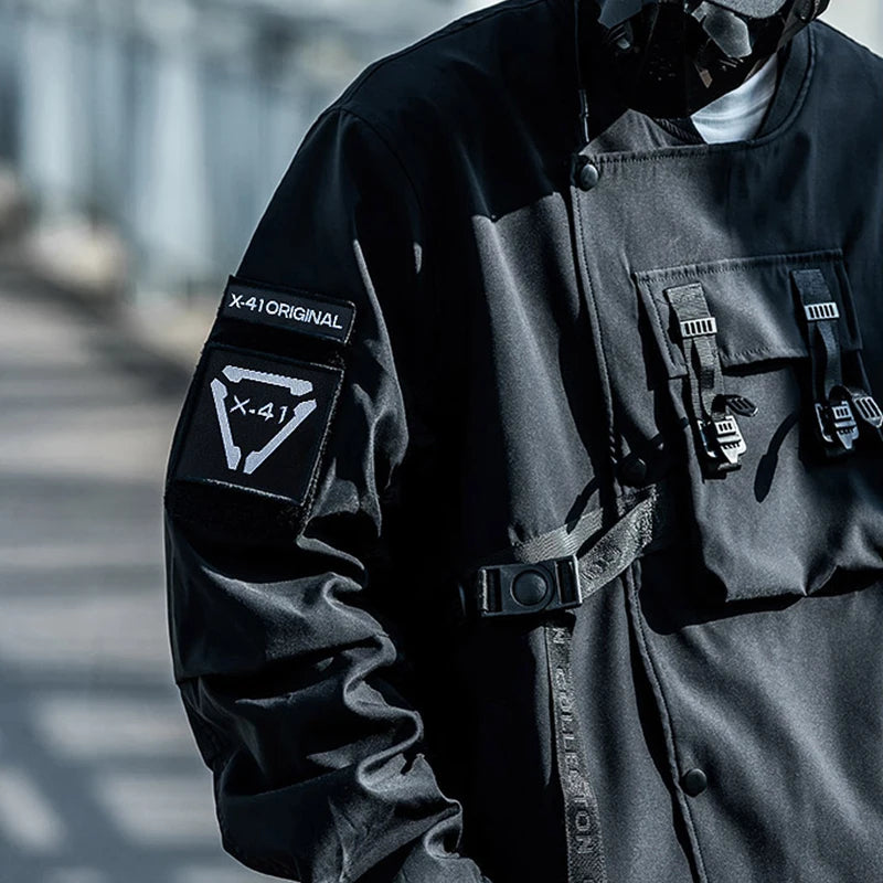 shop and buy Black bomber jacket with pockets and a belt on a gray background