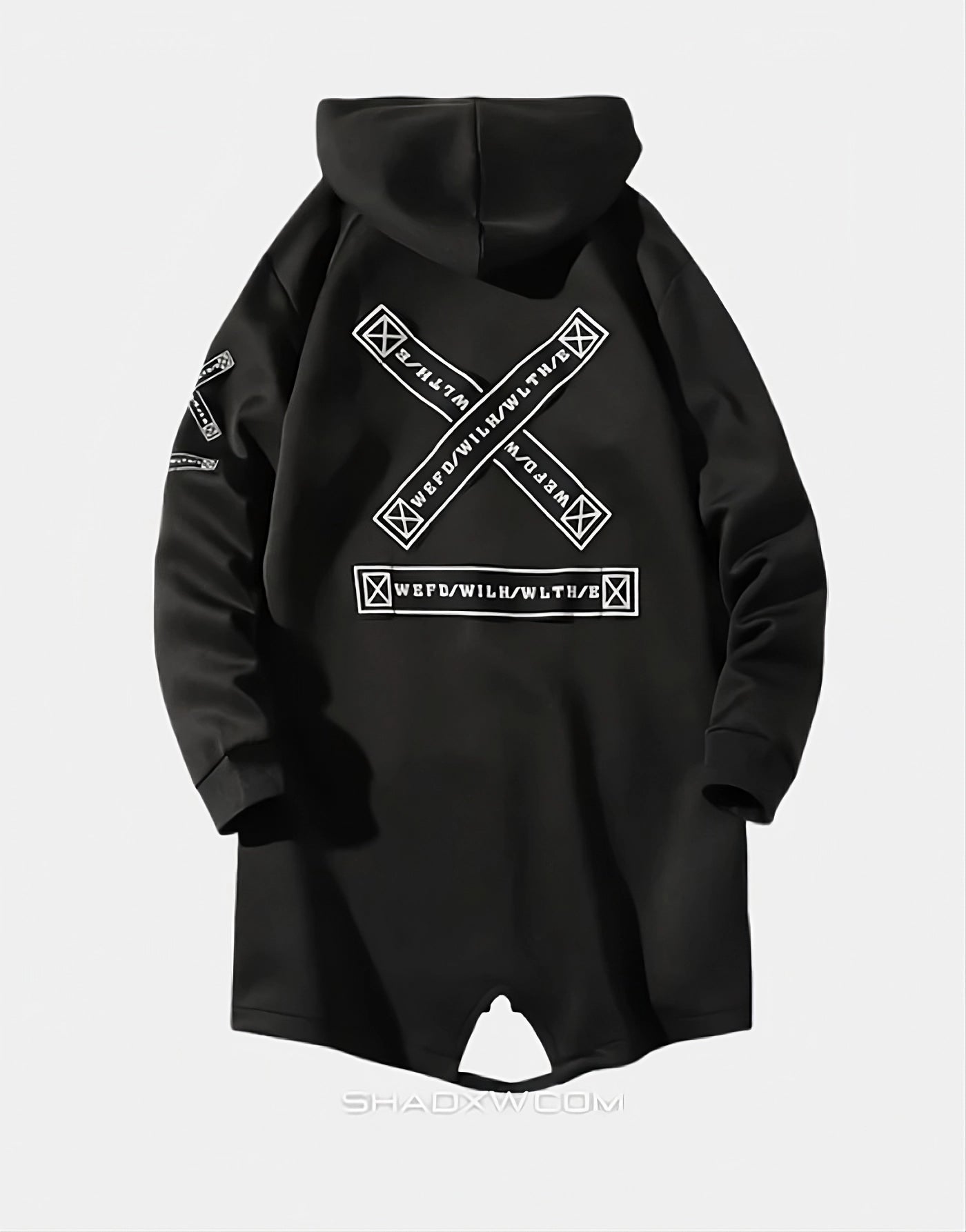Black hoodie with white geometric designs on a light gray background