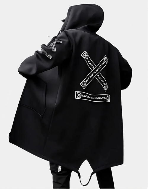 Black hoodie with white logos on a light gray background
