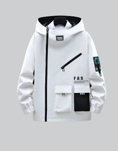 White jacket with black accents and patches on a gray background