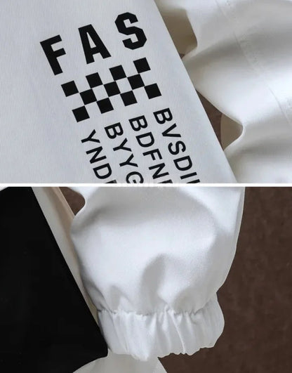 White jacket sleeve with black text and checkered pattern on a white background