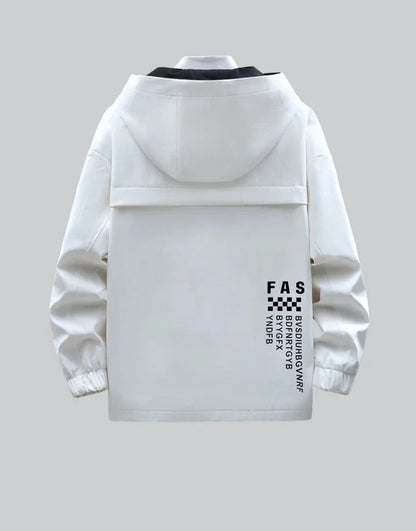 White techwear jacket with text design on a gray background