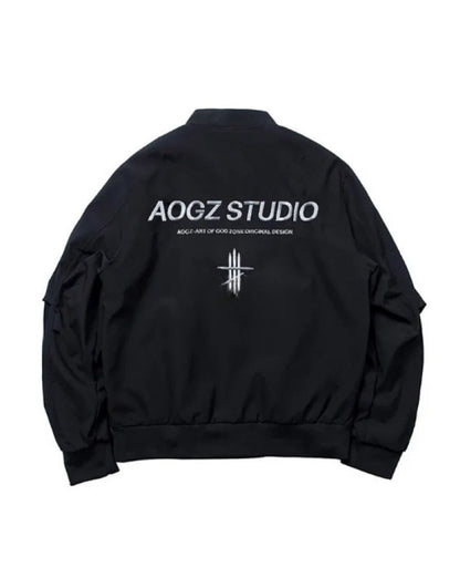 shop and buy Black bomber jacket with pockets and a belt on a gray background