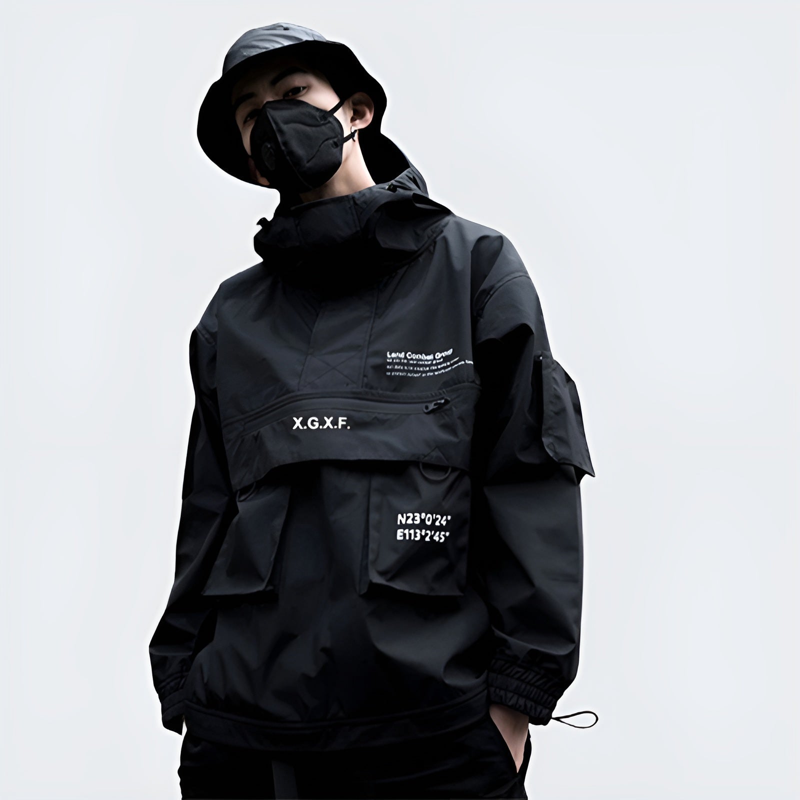 shop and buy Black jacket with XGxF branding on a gray background