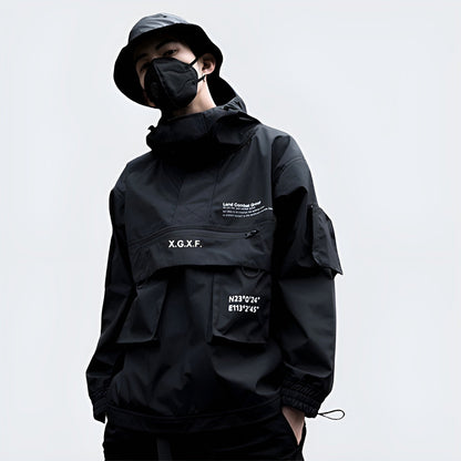 shop and buy Black jacket with XGxF branding on a gray background