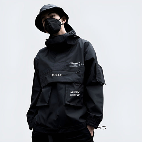 shop and buy Black jacket with XGxF branding on a gray background