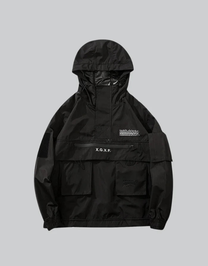 Black jacket with XGxF branding on a gray background