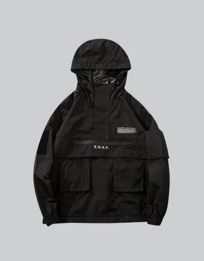 Black jacket with XGxF branding on a gray background