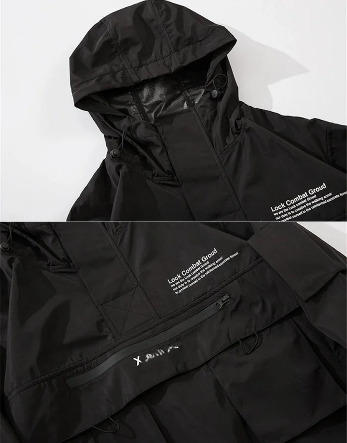 Black jacket with a hood on a white background