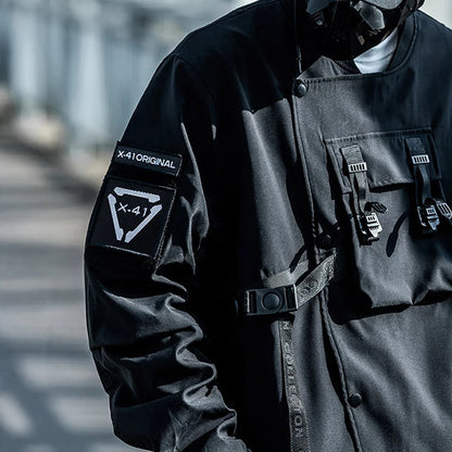shop and buy Black bomber jacket with pockets and a belt on a gray background