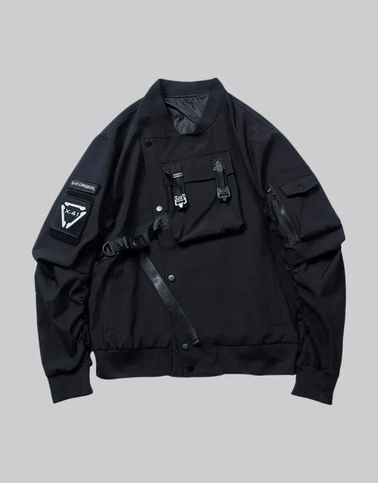 shop and buy Black bomber jacket with pockets and a belt on a gray background