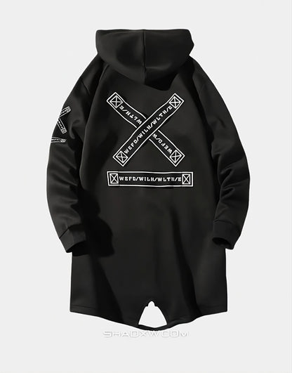 Black hoodie with white geometric designs on a light gray background