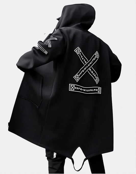 Black hoodie with white logos on a light gray background
