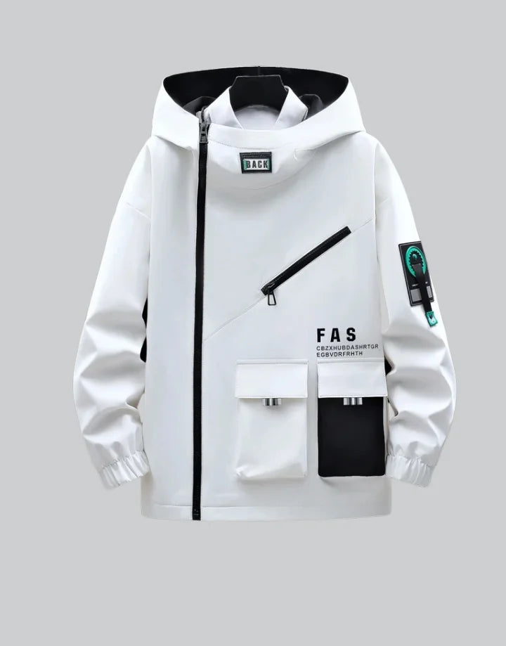 White jacket with black accents and patches on a gray background