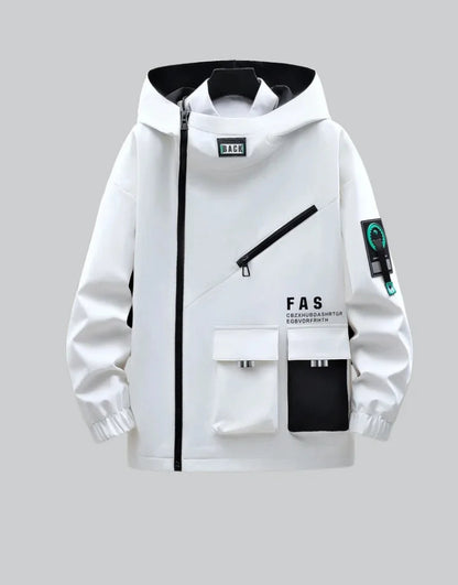 White jacket with black accents and patches on a gray background