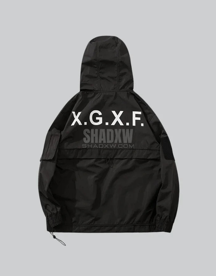 Black jacket with 'X.G.X.F' and watermark branding on a gray background
