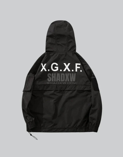 Black jacket with 'X.G.X.F' and watermark branding on a gray background